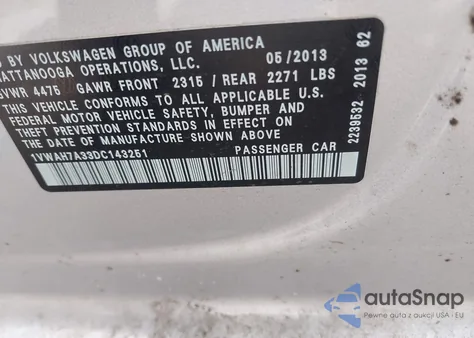 2013 Volkswagen Passat 2.5L Wolfsburg Edition from USA, damaged, VIN 1VWAH7A33DC143251